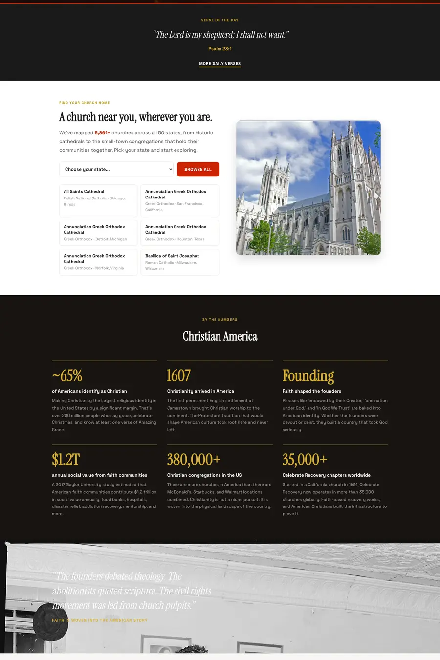 Homepage after the fix, captured without scrolling: the church finder, the By the Numbers stats and the next sections all render immediately.
