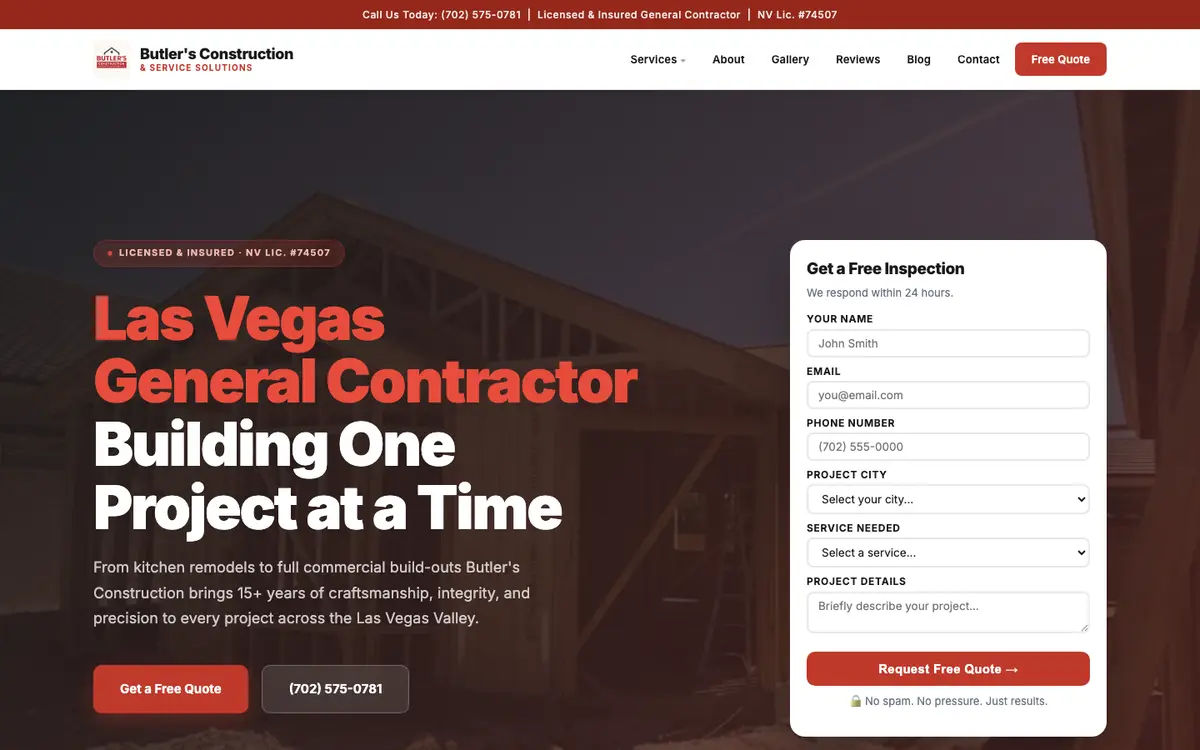 Butler's Construction homepage today: a license bar, a clean header with a Free Quote button, a Las Vegas General Contractor headline over a framing photo, and a free inspection form beside it.