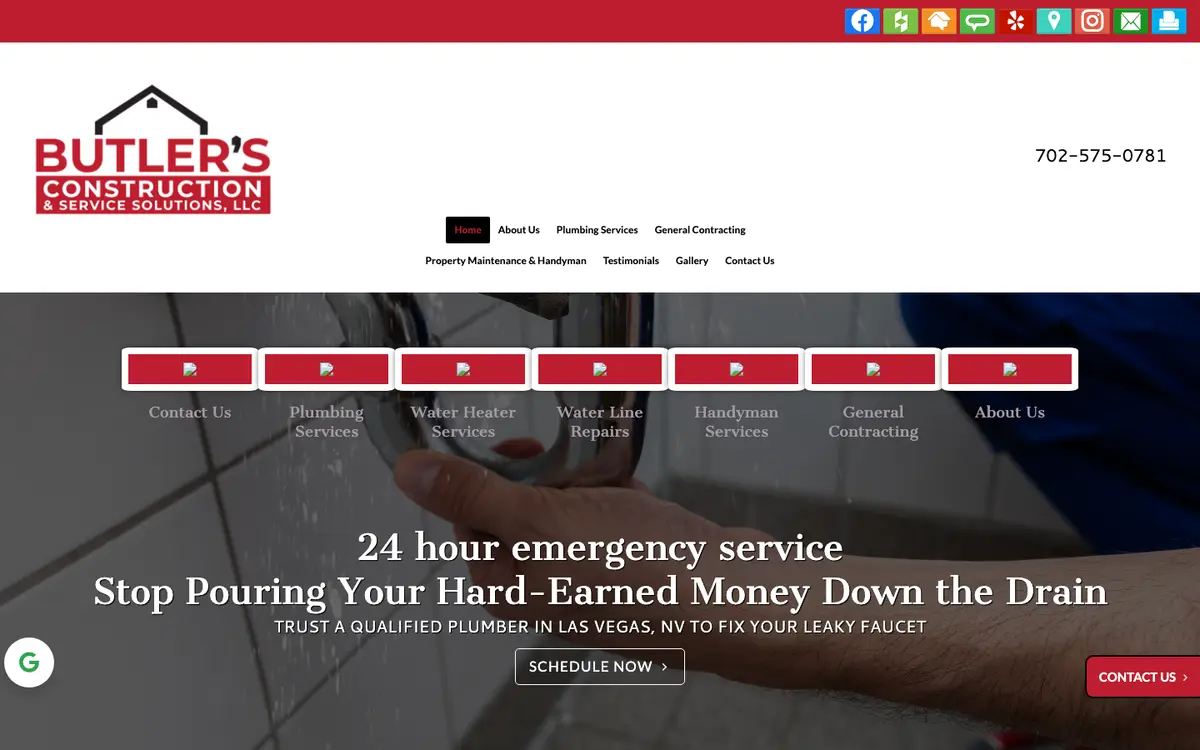 Butler's Construction old homepage: a red bar of social icons, the logo and phone number, a two-row menu, and a plumbing headline over a photo of a hand under a dripping faucet.