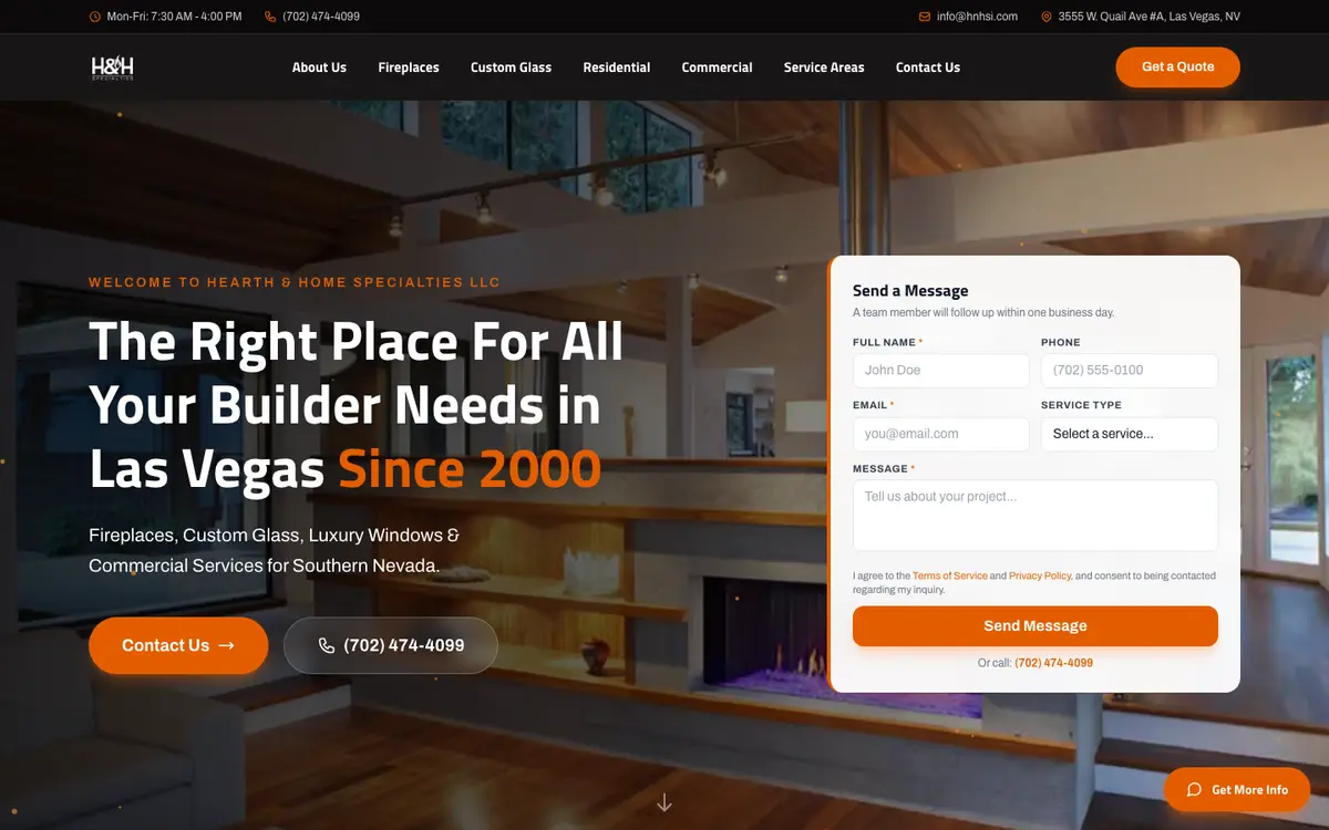 Hearth & Home Specialties homepage today: a clean dark header, a full-width living room photo with a fireplace, a left-aligned headline with two buttons, and a message form beside it.