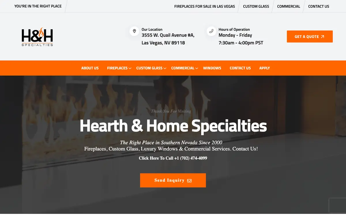 Hearth & Home Specialties old homepage: a crowded header with address and hours, an orange menu bar, and a centered headline over a dark fireplace photo.