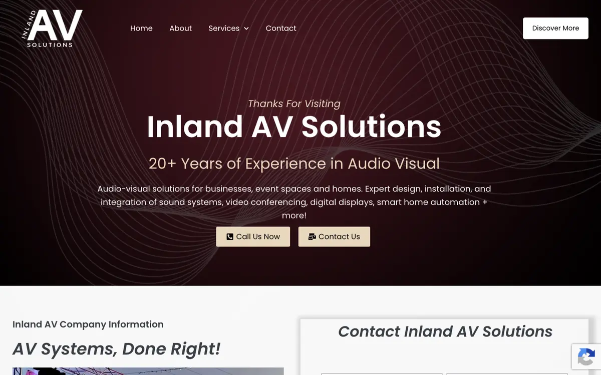 Inland AV Solutions old WordPress homepage: a dark maroon hero with wave lines, a centered company name, a line about 20 years in audio visual, and two beige buttons.